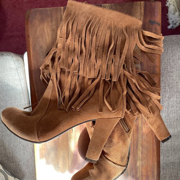 Shoes - Vintage Inspired Faux Suede Mid Calf Fringe Boots - Camel Colored - Like New